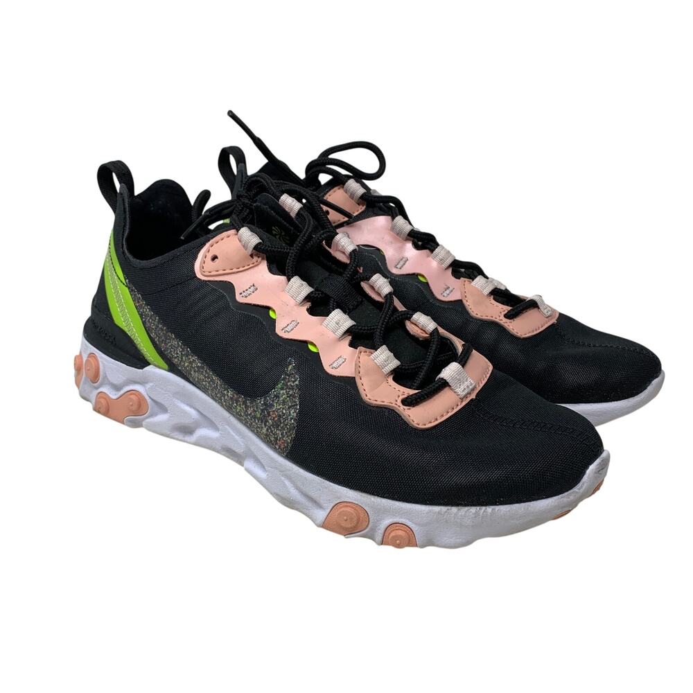 Nike React Element 55 PRM Womens Sz 8 Running Sneakers Lace Up Black Volt Coral